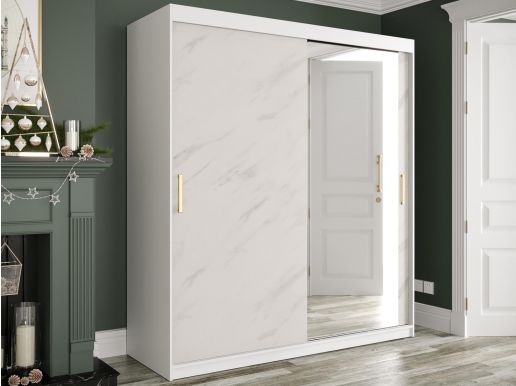 Armoire MARMARA 2 portes coulissantes 180 cm blanc/marbre blanc avec miroir