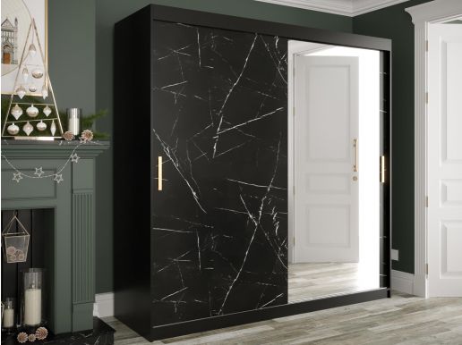 Armoire MARMARA 2 portes coulissantes 200 cm noir/marbre noir avec miroir