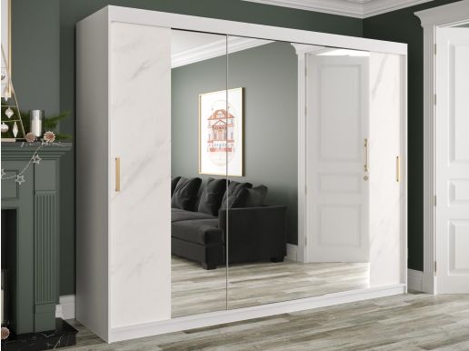 Armoire MARMARA 2 portes coulissantes 250 cm blanc/marbre blanc avec miroir