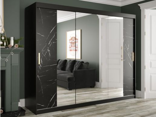 Armoire MARMARA 2 portes coulissantes 250 cm noir/marbre noir avec miroir