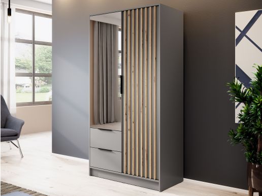 Armoire MELINDA 2 portes 2 tiroirs gris avec miroir