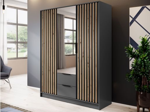 Armoire MELINDA 3 portes 2 tiroirs anthracite avec miroir