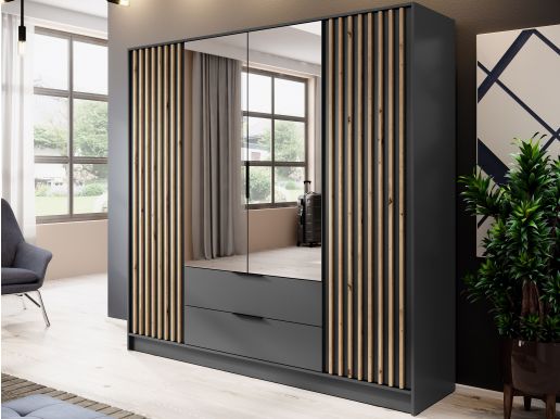 Armoire MELINDA 4 portes 2 tiroirs anthracite avec miroirs