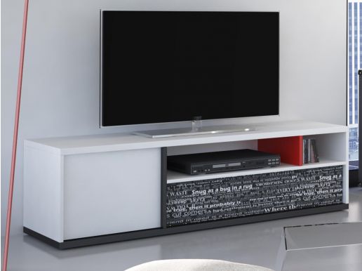 Meuble TV PHILOPY 1 porte 1 tiroir blanc graphite/ philosophie rouge