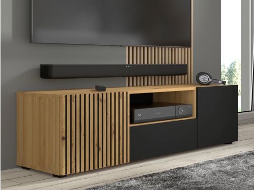Meuble tv-hifi ORISA 3 portes 150 cm chêne artisan/noir