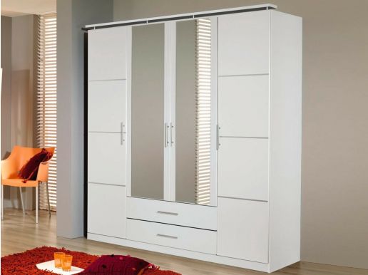 Armoire MINO 4 portes 2 tiroirs blanc avec miroir