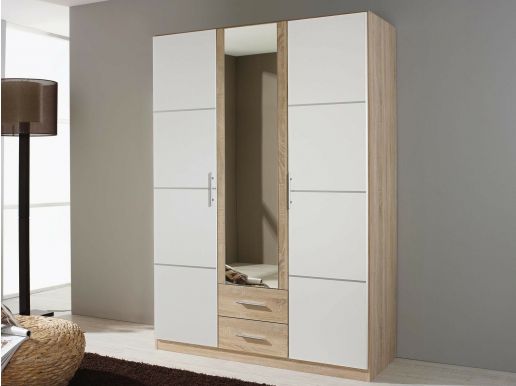 Armoire MINO 3 portes 2 tiroirs chêne sonoma/blanc avec miroir