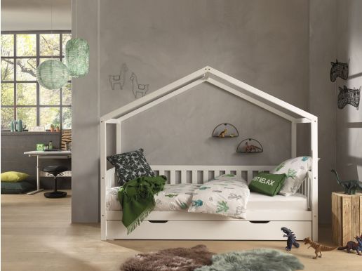 Lit maison DALTE 90x200 cm pin blanc avec lit gigogne