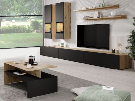 Mur tv-hifi BABEL 5 portes chêne artisan/noir mat avec led avec table basse