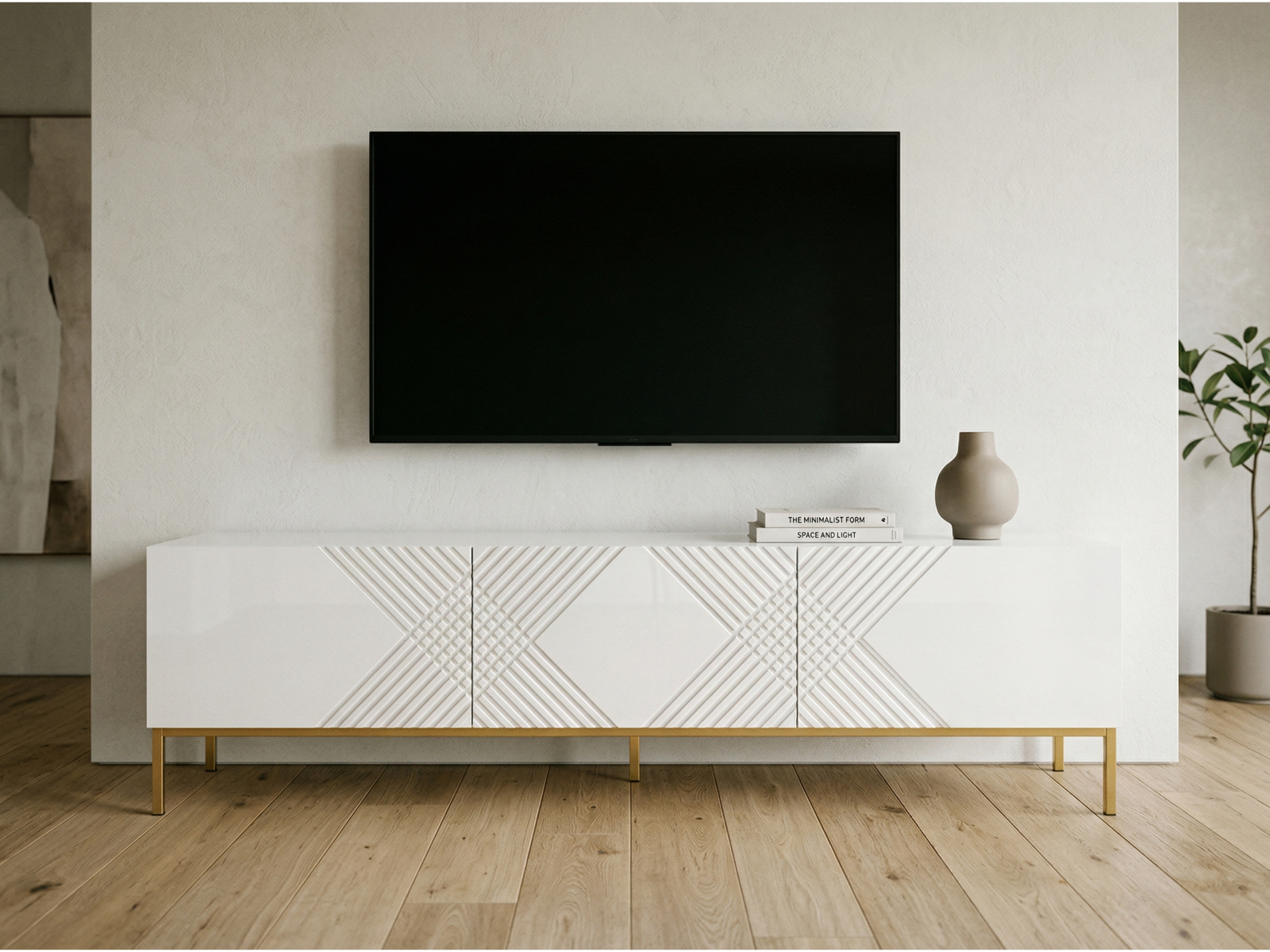 Meuble tv-hifi EXILA 3 portes blanc brillant