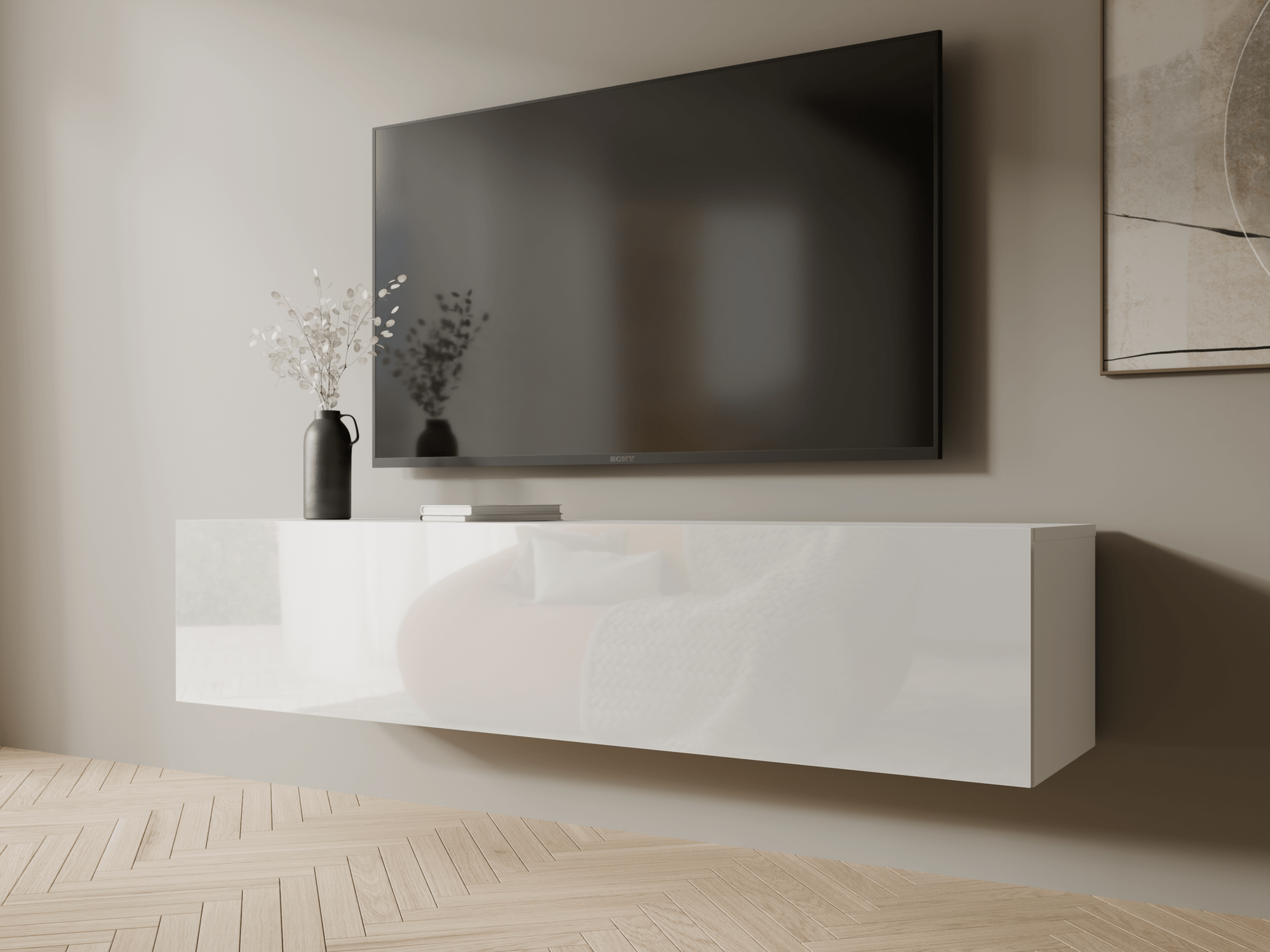 Meuble tv-hifi KINGSTON 1 porte battantes 140 cm blanc/blanc brillant